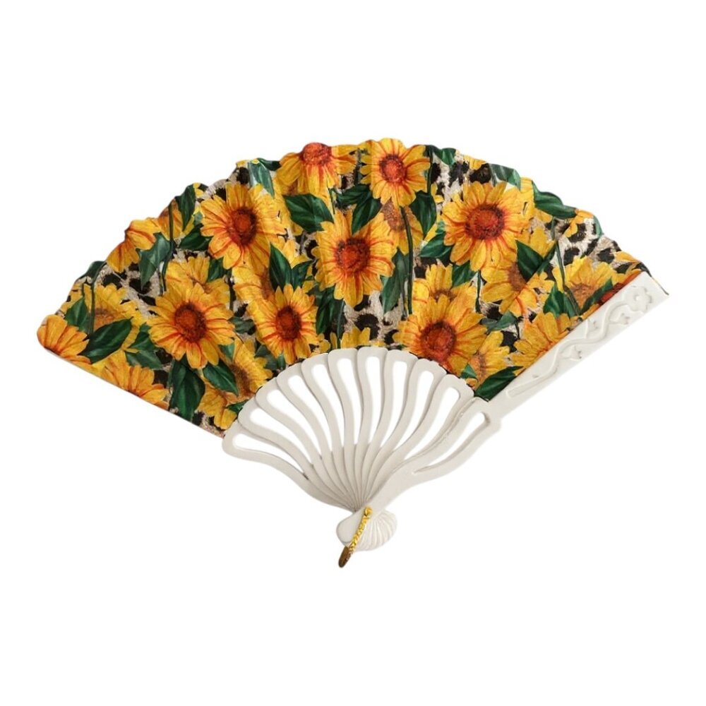 Sunflower & Leopard Print Folding Hand Fan – Green Leaves